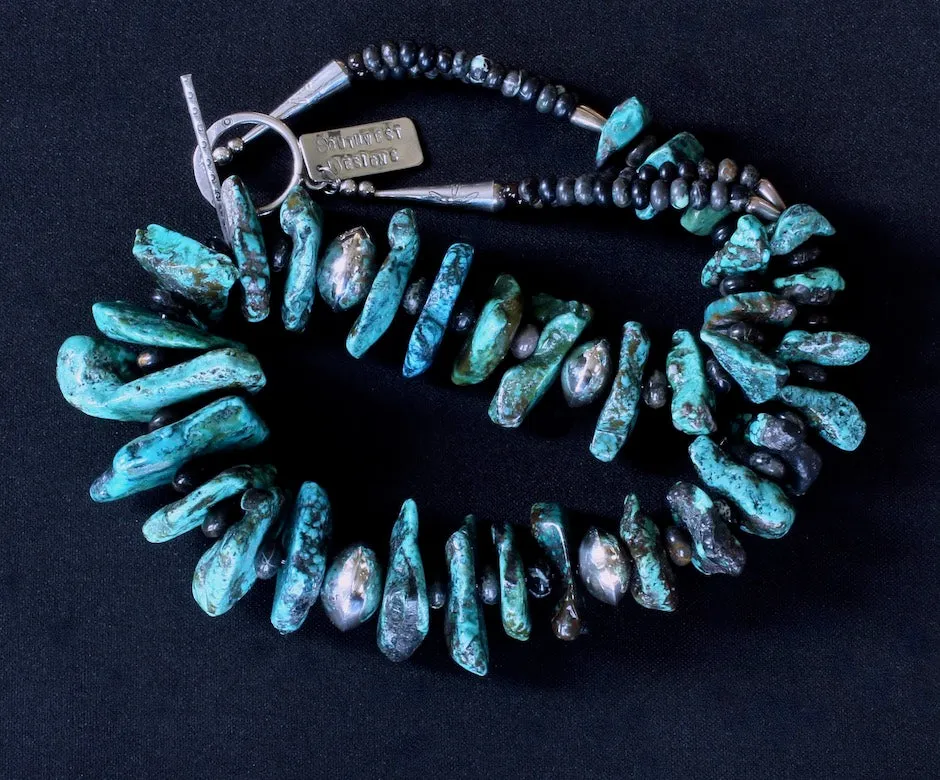 Turquoise Graduated Large Nugget Necklace with Tortoise Turquoise Rondelles & Sterling Silver