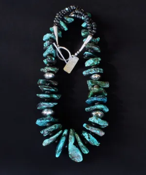 Turquoise Graduated Large Nugget Necklace with Tortoise Turquoise Rondelles & Sterling Silver