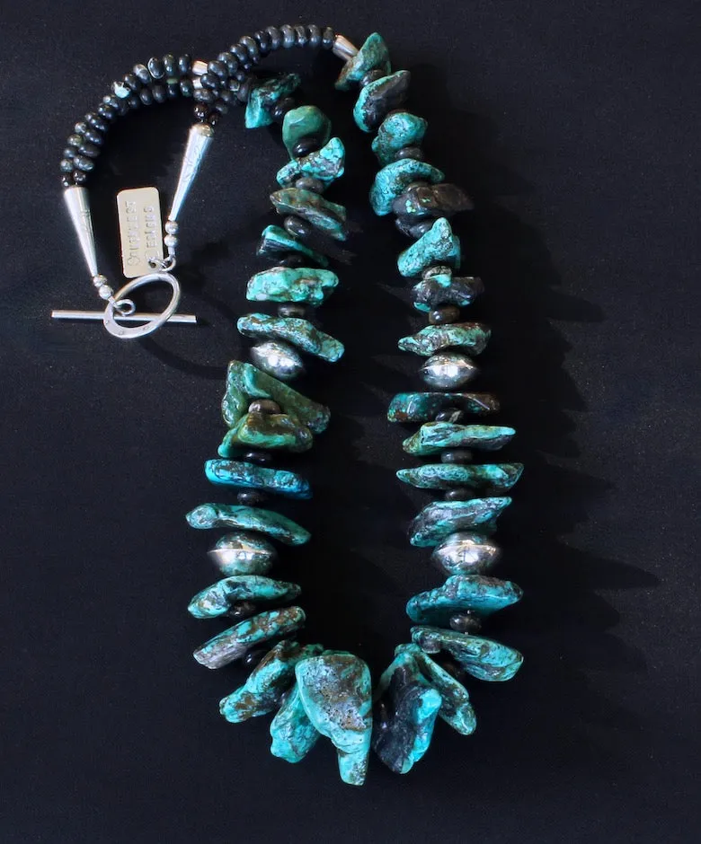 Turquoise Graduated Large Nugget Necklace with Tortoise Turquoise Rondelles & Sterling Silver