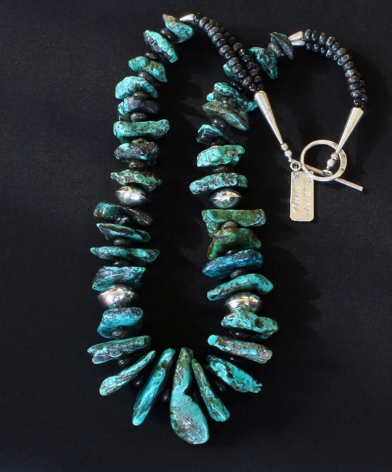 Turquoise Graduated Large Nugget Necklace with Tortoise Turquoise Rondelles & Sterling Silver