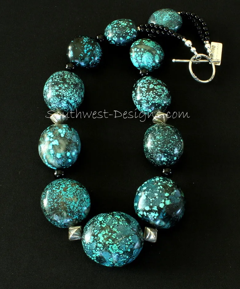 Turquoise Large Oval Graduated Necklace with Black Onyx Rounds, Sterling Silver Ridged Bicones, and a Sterling Silver Toggle Clasp