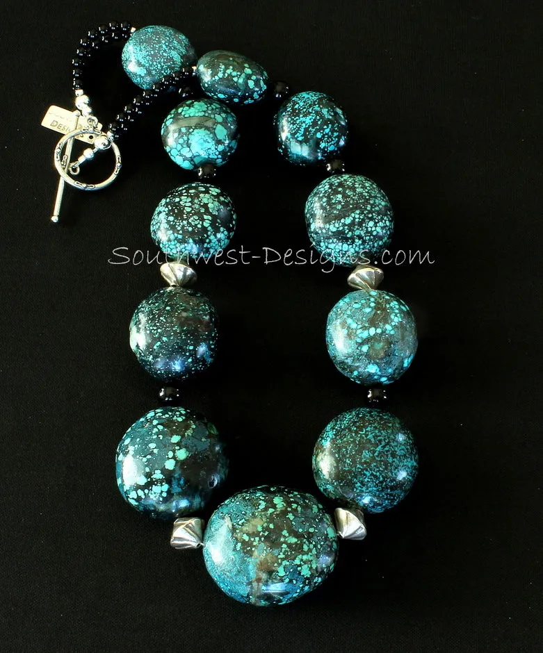 Turquoise Large Oval Graduated Necklace with Black Onyx Rounds, Sterling Silver Ridged Bicones, and a Sterling Silver Toggle Clasp