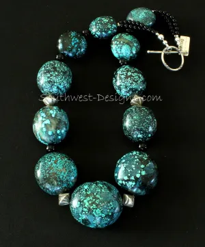 Turquoise Large Oval Graduated Necklace with Black Onyx Rounds, Sterling Silver Ridged Bicones, and a Sterling Silver Toggle Clasp
