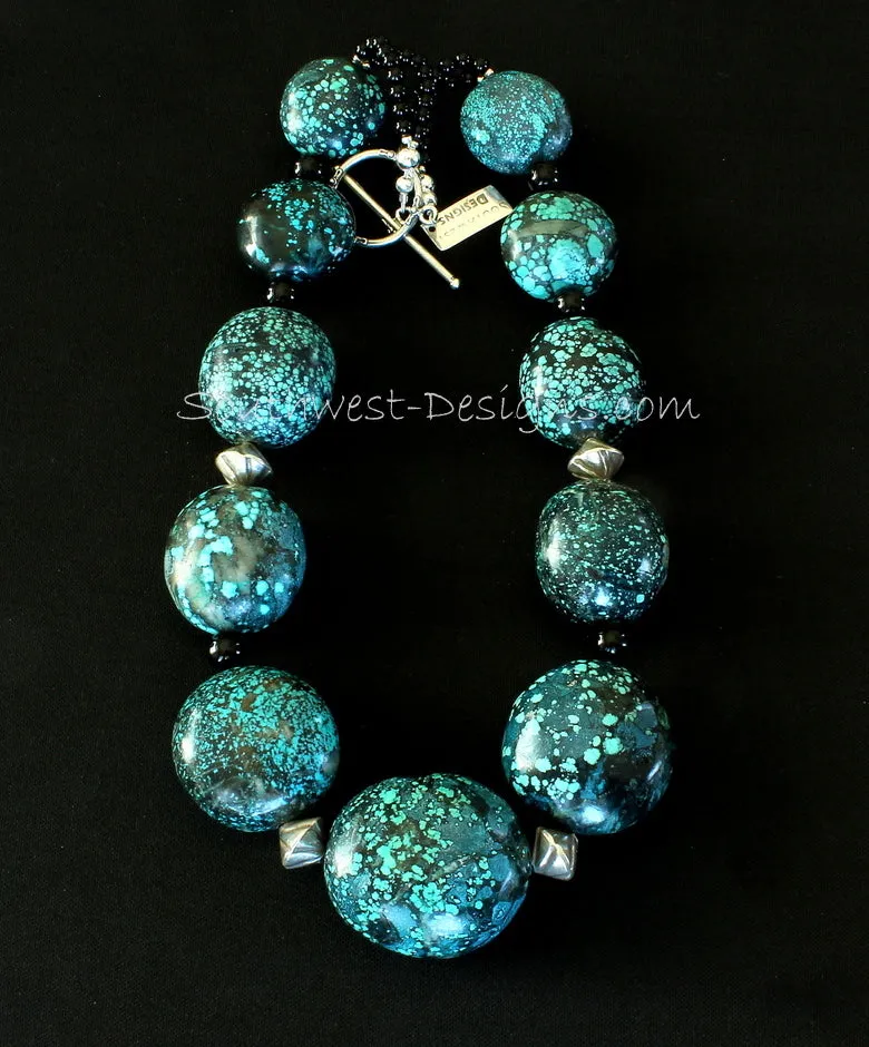 Turquoise Large Oval Graduated Necklace with Black Onyx Rounds, Sterling Silver Ridged Bicones, and a Sterling Silver Toggle Clasp