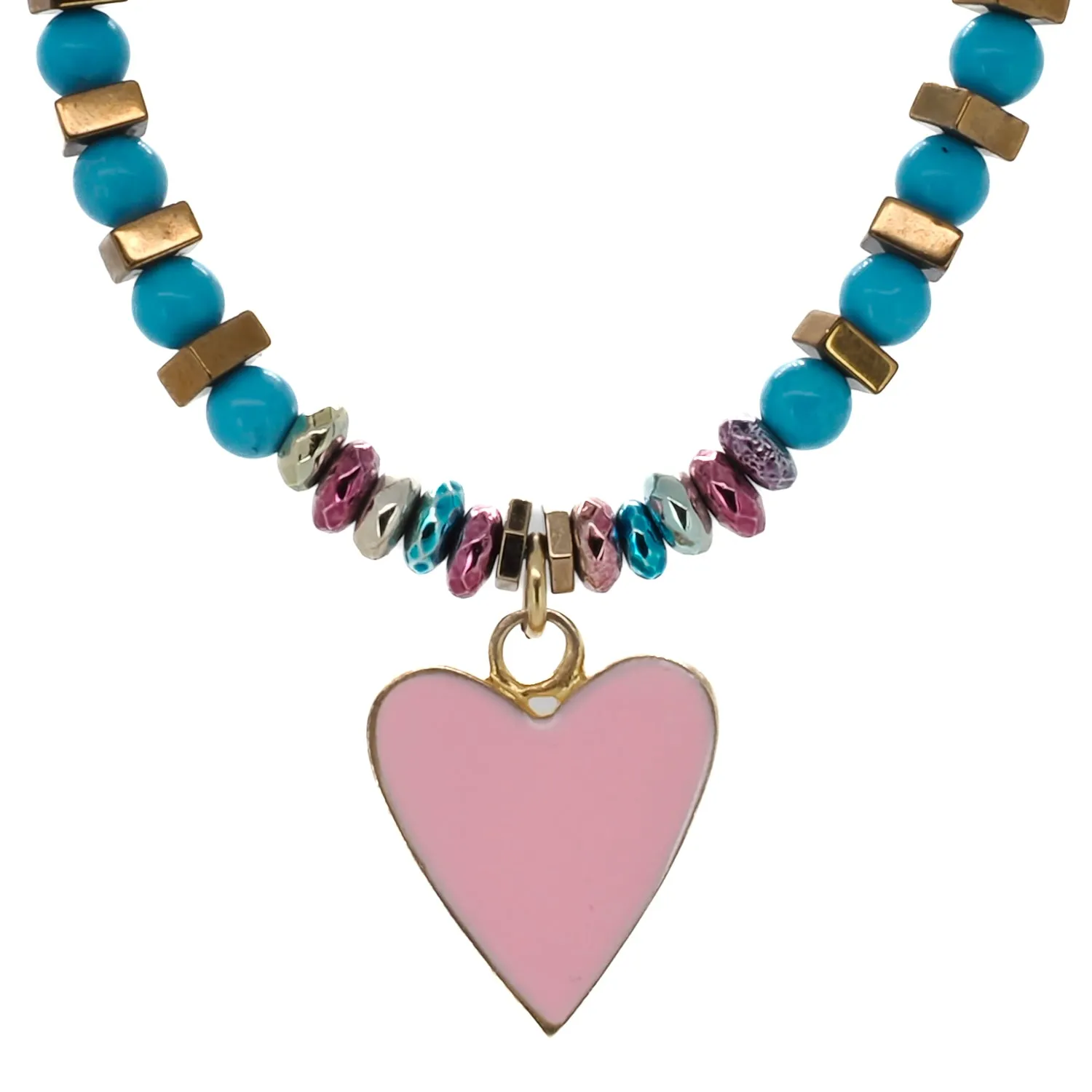Turquoise Stone Beaded Pink Heart Pendant Necklace