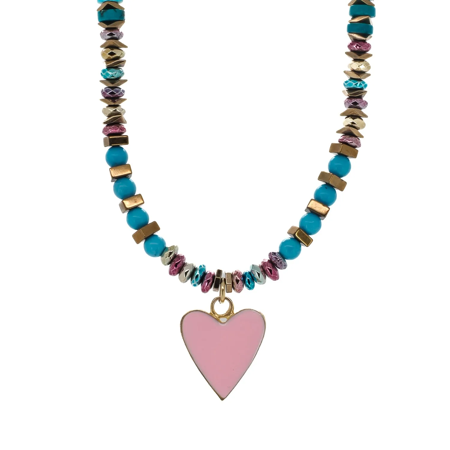 Turquoise Stone Beaded Pink Heart Pendant Necklace