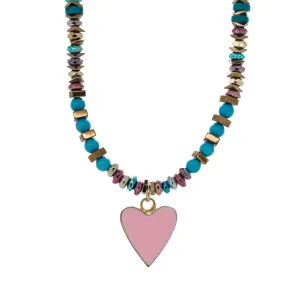 Turquoise Stone Beaded Pink Heart Pendant Necklace