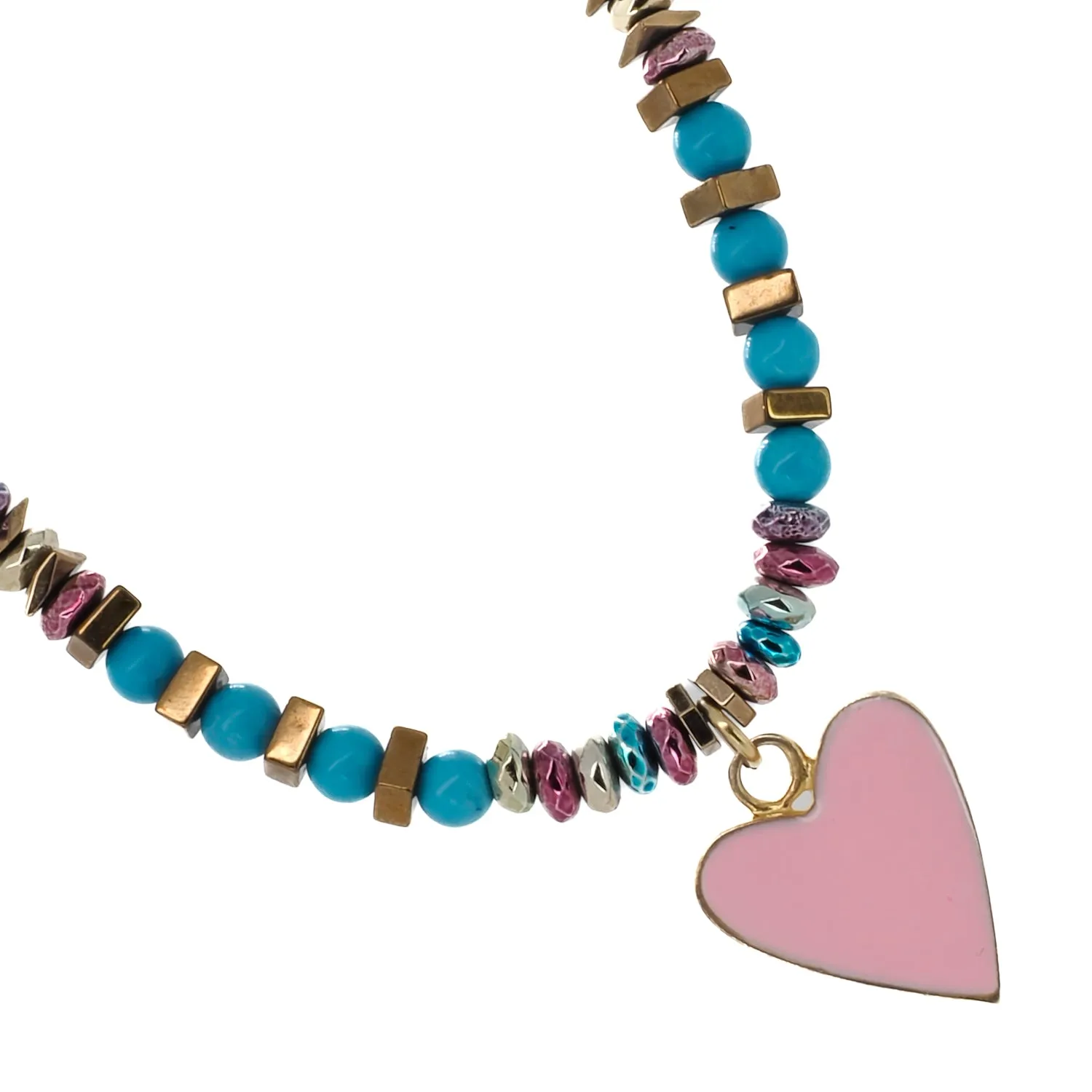 Turquoise Stone Beaded Pink Heart Pendant Necklace