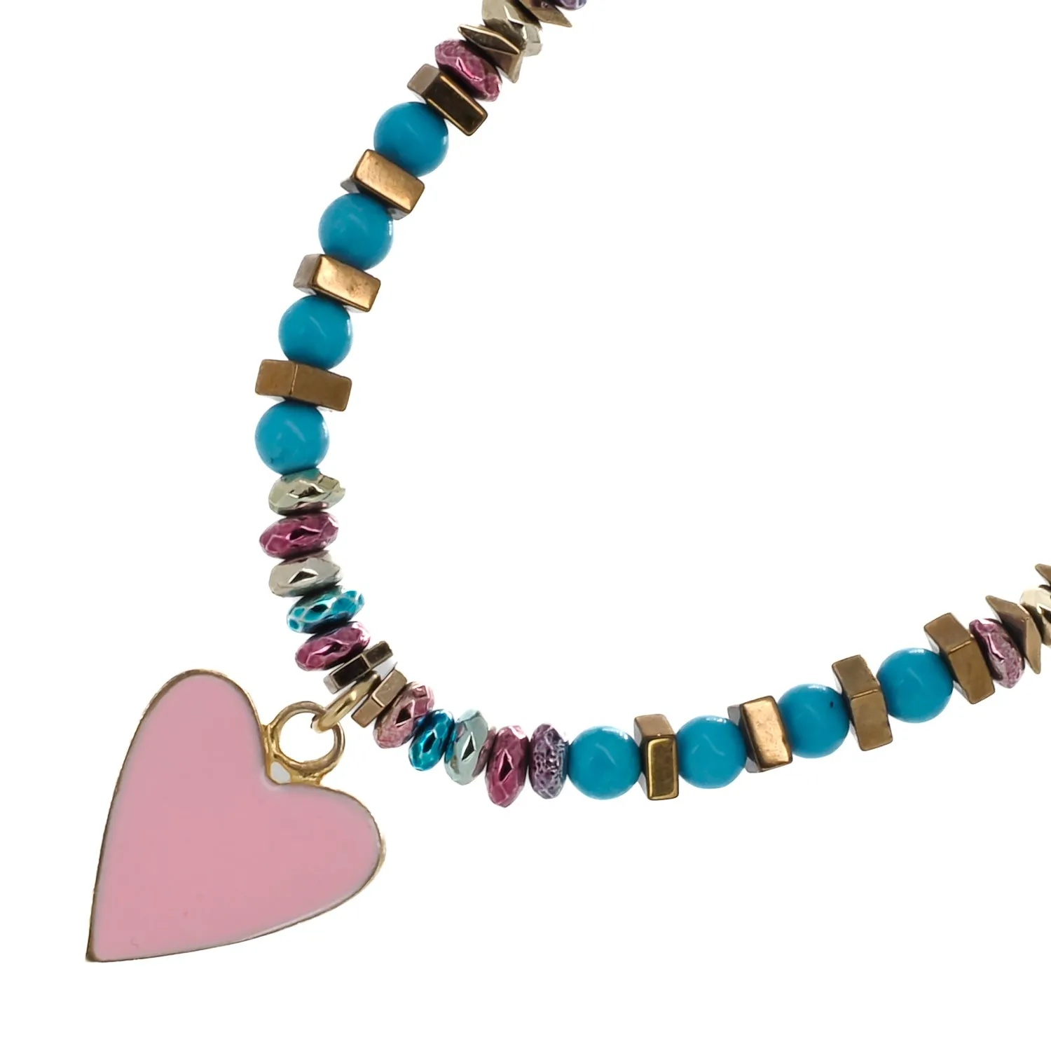 Turquoise Stone Beaded Pink Heart Pendant Necklace