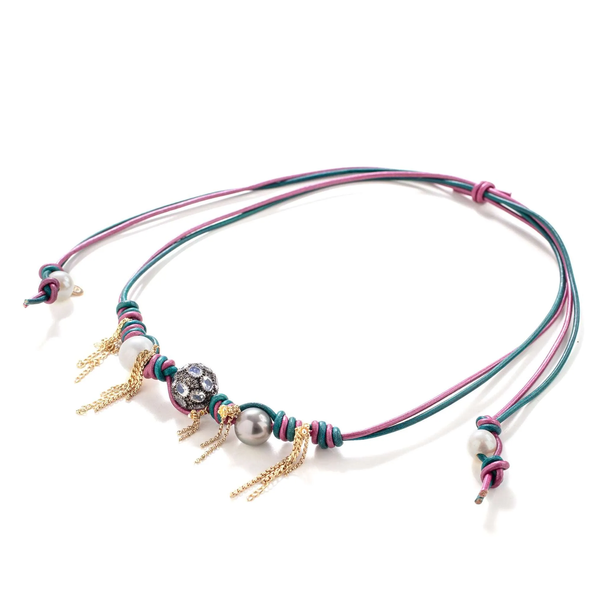 Under The Sea Rocker Pearl Diamond Moonstone Chain Leather Necklace