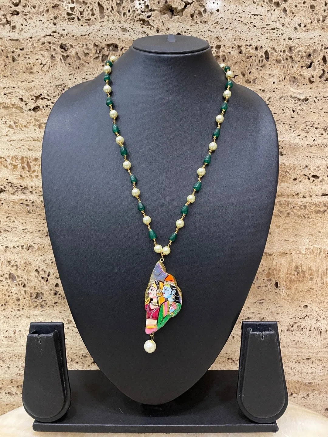 Unique Hand-Painted Radha Krishna Pendant Necklace with Green Beads & White Pearls