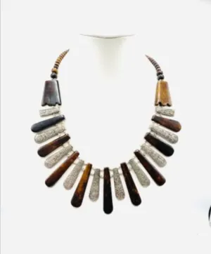 Unique Silver Tone & Wood Necklace