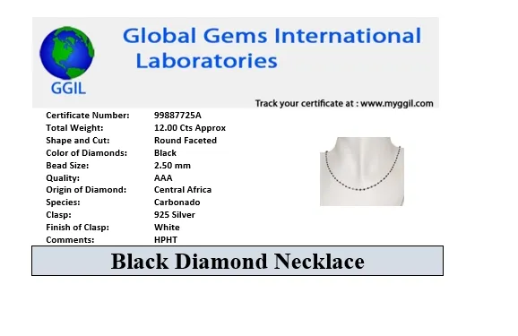 Very Elegant and Delicate 2.5 mm Round Black Diamond Beads Necklace in 925 Sterling Silver