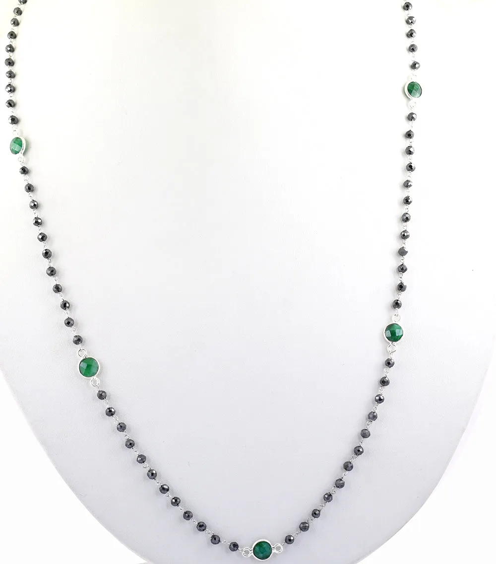 Very Elegant Black Diamond & Emerald Gemstone Designer Chain Necklace. AAA Certified