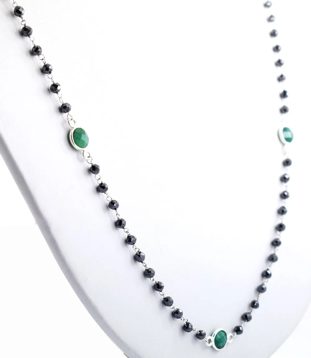 Very Elegant Black Diamond & Emerald Gemstone Designer Chain Necklace. AAA Certified