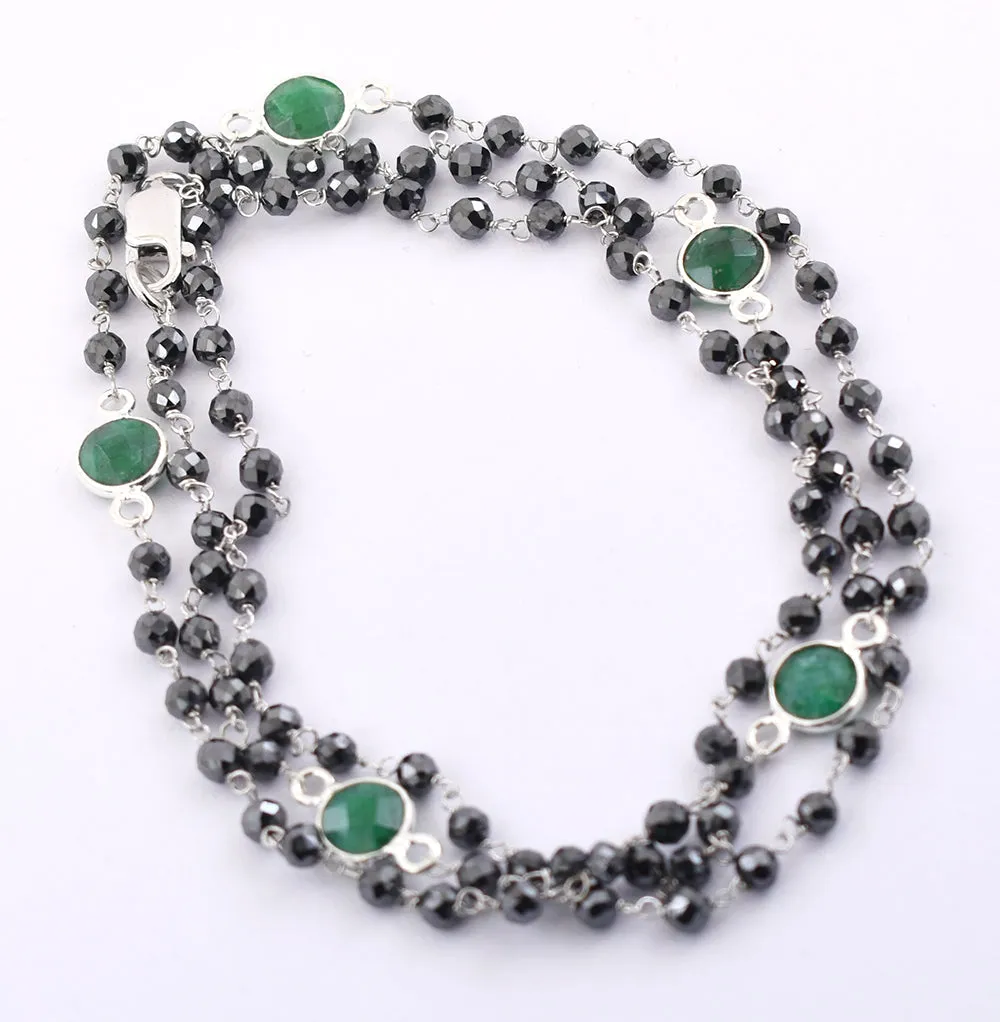 Very Elegant Black Diamond & Emerald Gemstone Designer Chain Necklace. AAA Certified