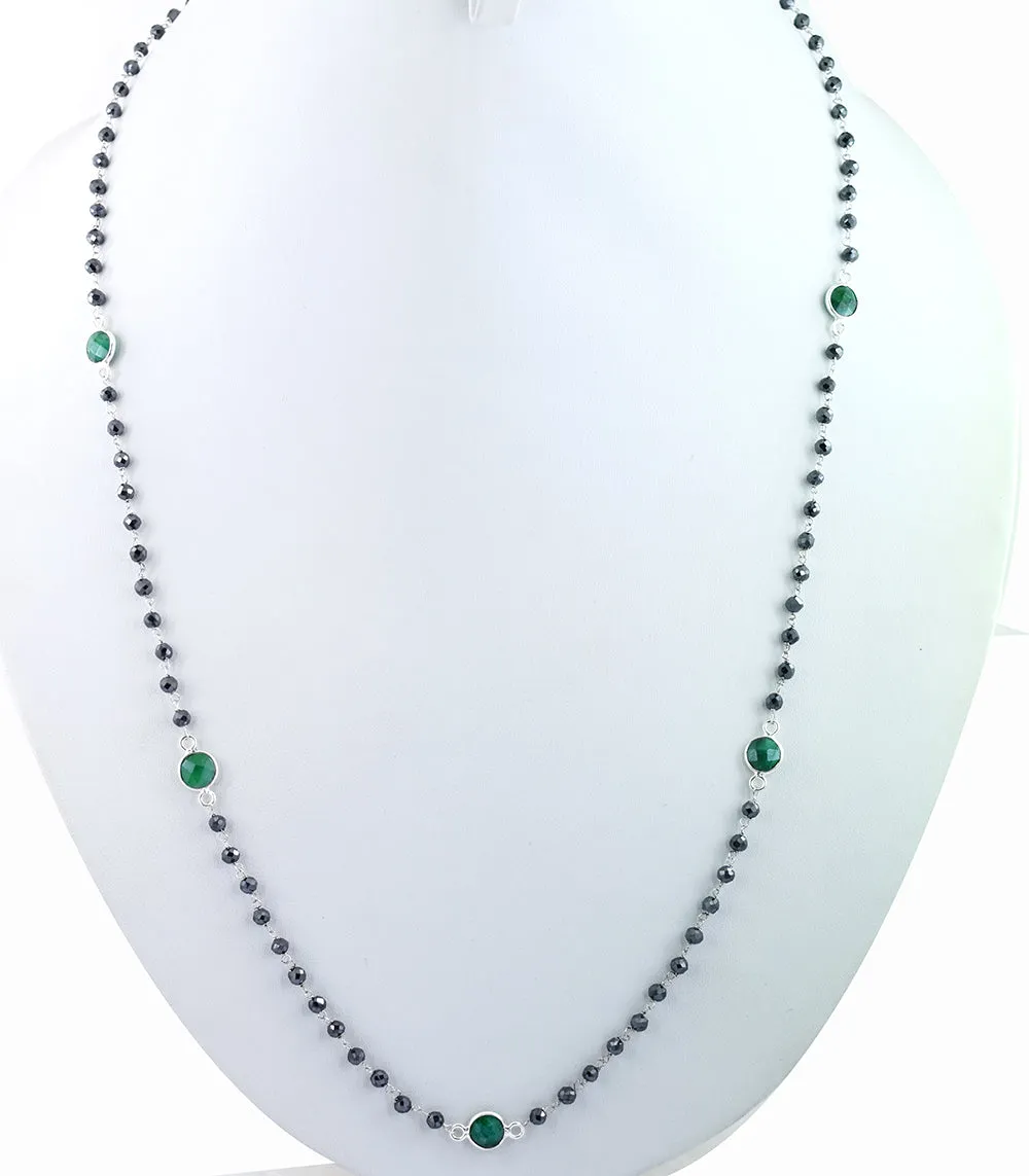 Very Elegant Black Diamond & Emerald Gemstone Designer Chain Necklace. AAA Certified
