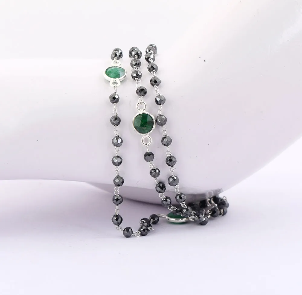 Very Elegant Black Diamond & Emerald Gemstone Designer Chain Necklace. AAA Certified