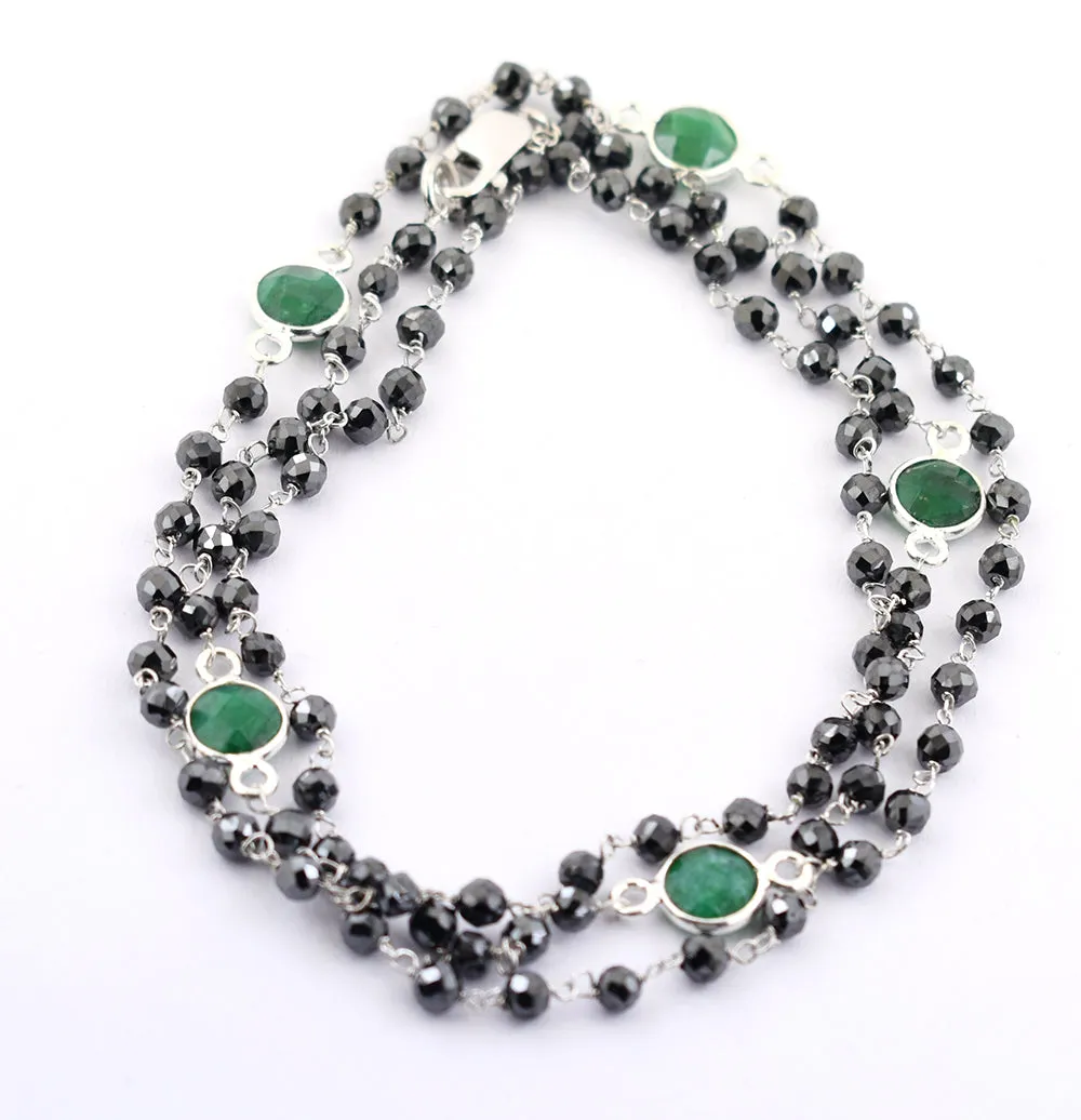 Very Elegant Black Diamond & Emerald Gemstone Designer Chain Necklace. AAA Certified