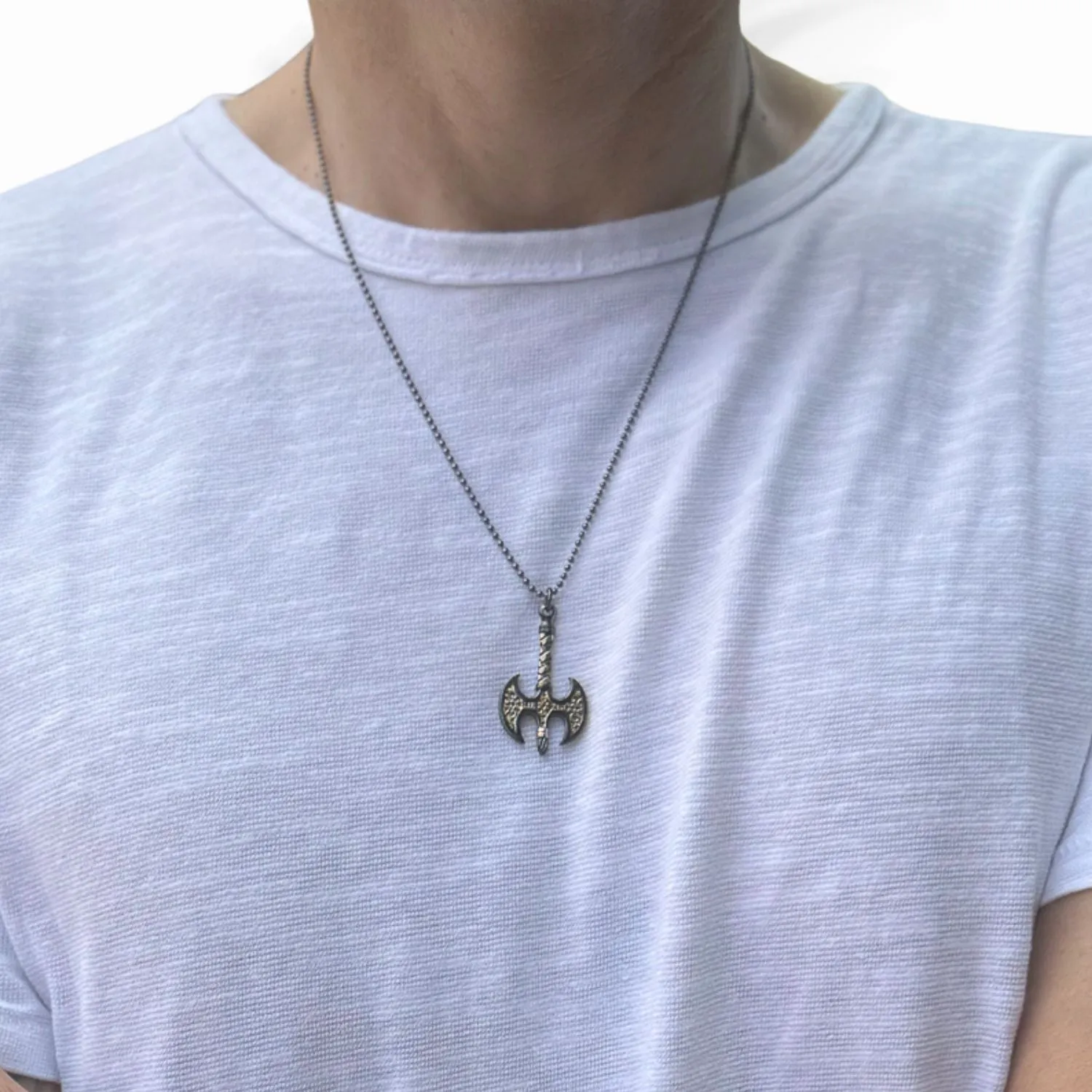 Viking Axe Men Sterling Silver & Gold Pendant Chain Necklace