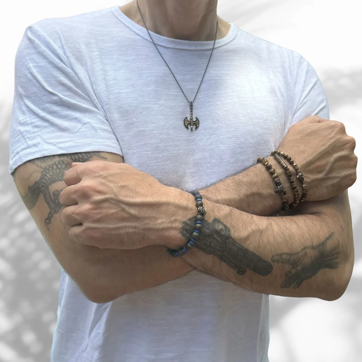 Viking Axe Men Sterling Silver & Gold Pendant Chain Necklace