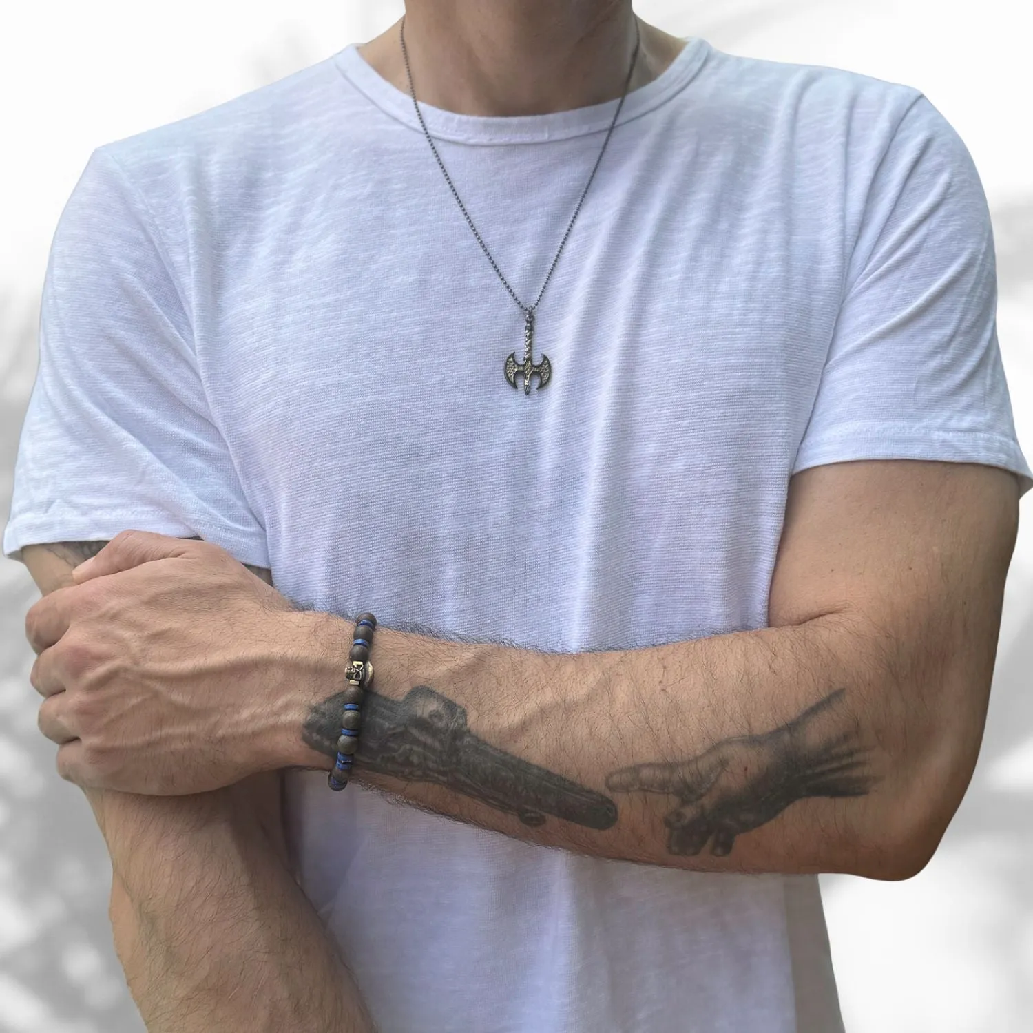 Viking Axe Men Sterling Silver & Gold Pendant Chain Necklace