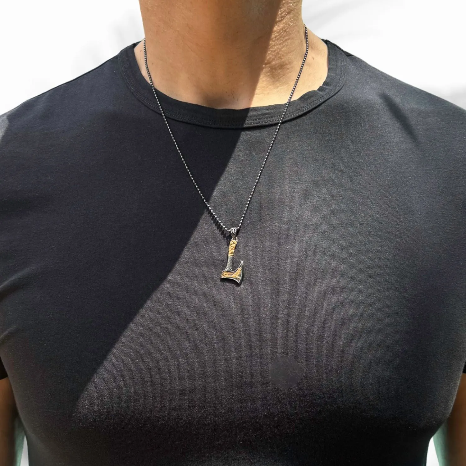 Viking Warrior Axe Men Sterling Silver & Gold Pendant Chain Necklace