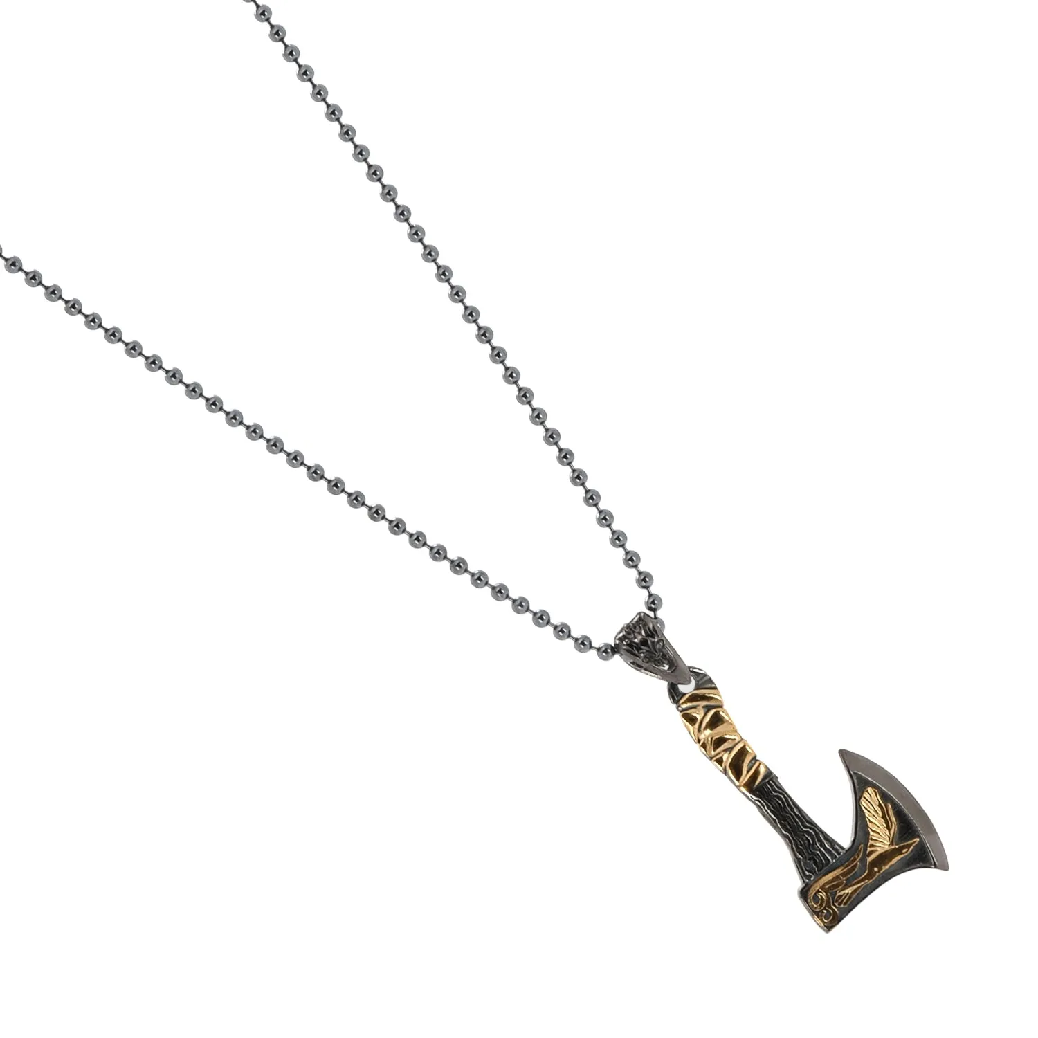 Viking Warrior Axe Men Sterling Silver & Gold Pendant Chain Necklace