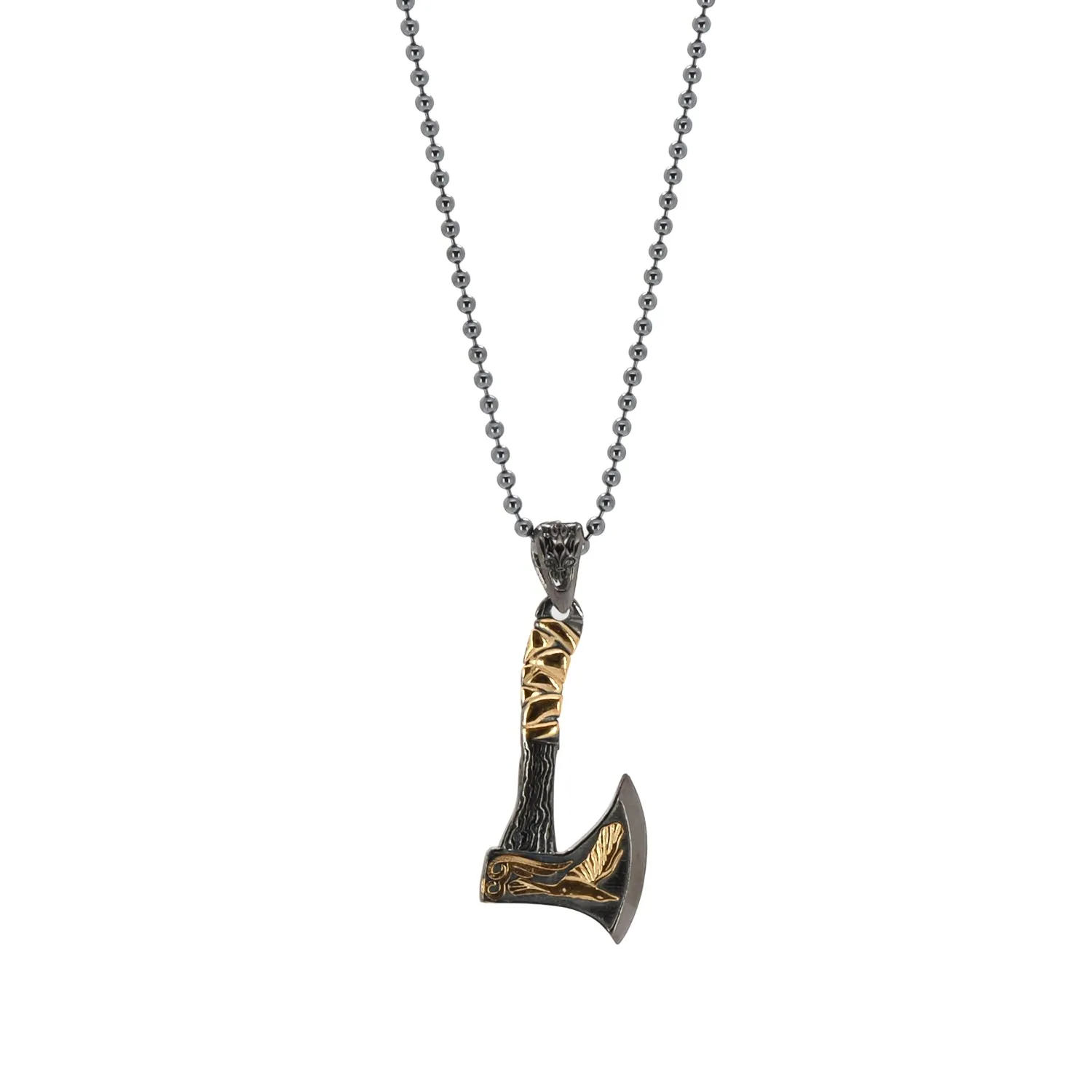 Viking Warrior Axe Men Sterling Silver & Gold Pendant Chain Necklace