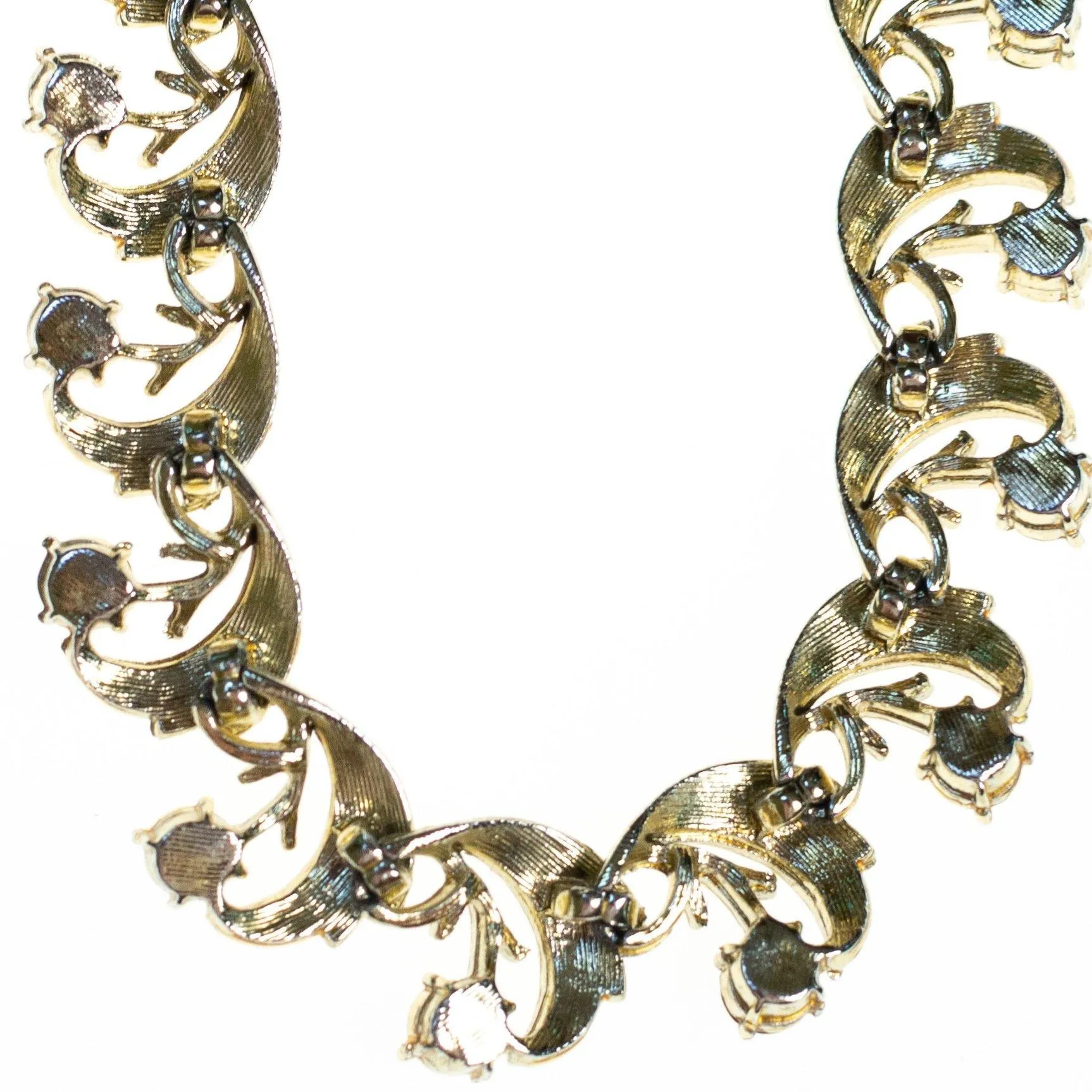 Vintage 1960s Gold Swirl Link Necklace with Rhinestones