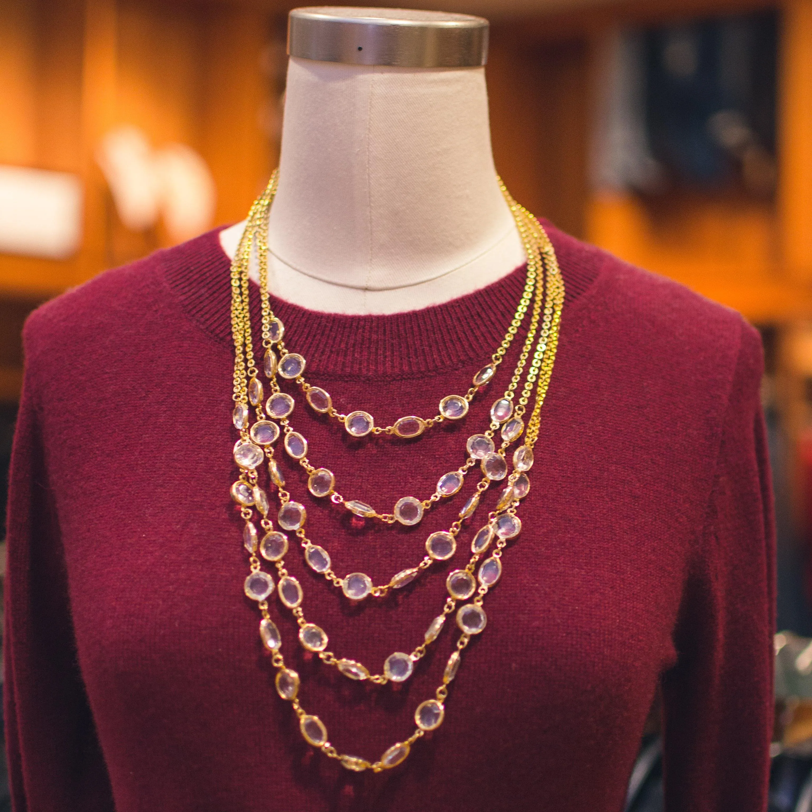 Vintage Long Graduated Multi Strand Bezel Set Crystal Necklace
