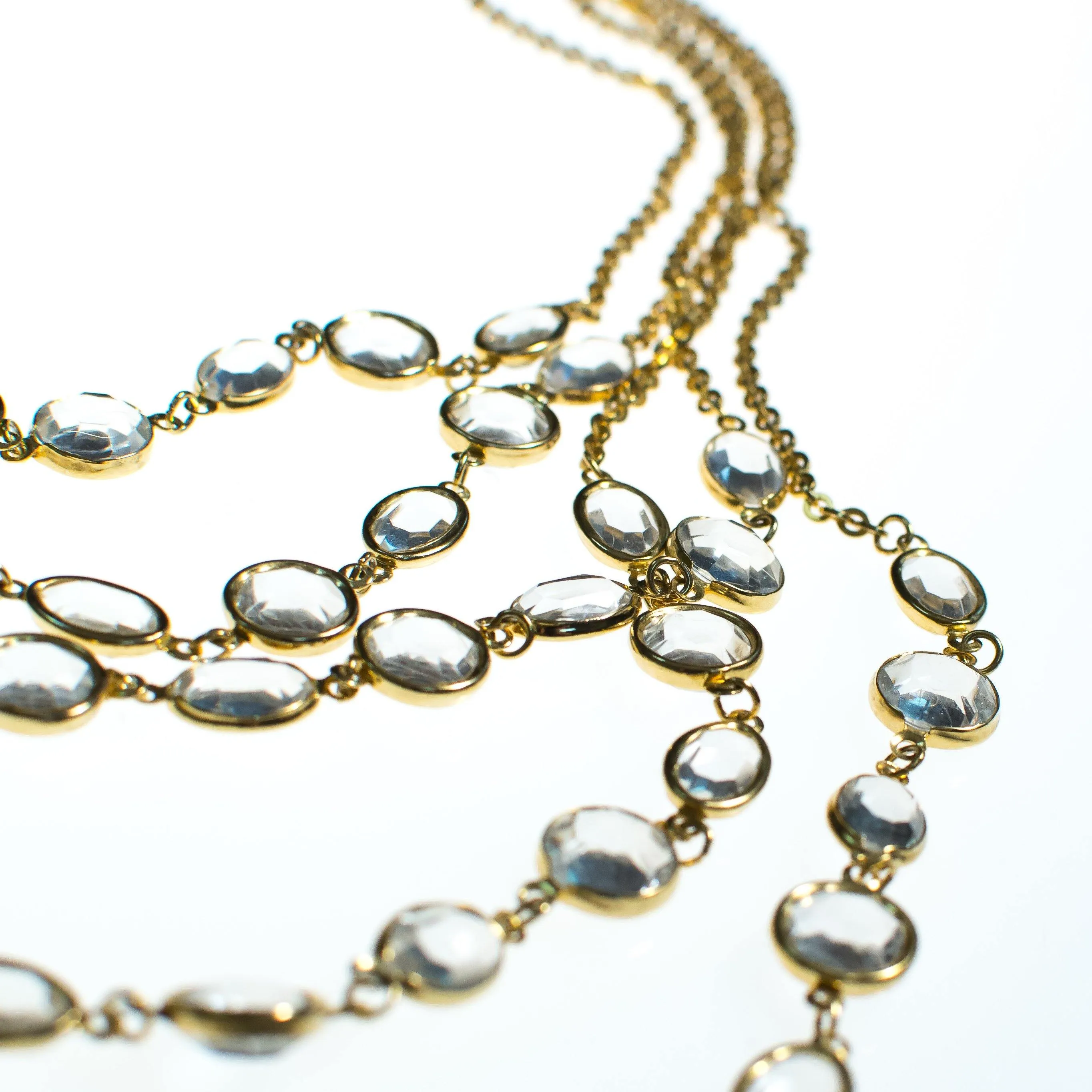 Vintage Long Graduated Multi Strand Bezel Set Crystal Necklace