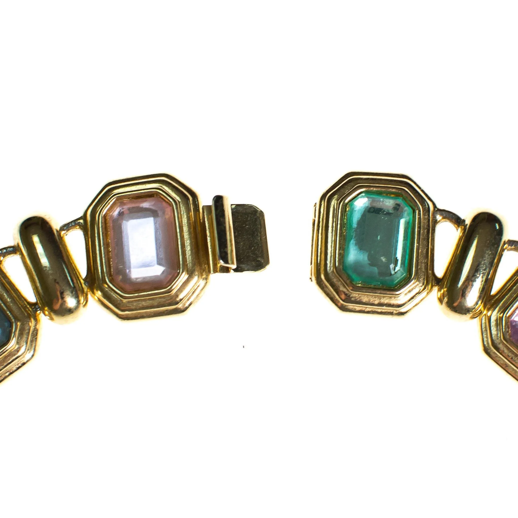 Vintage Pastel Crystal Gold Tone Necklace, Green, Pink, Yellow, and Blue Rhinestones, Slide Lock Clasp