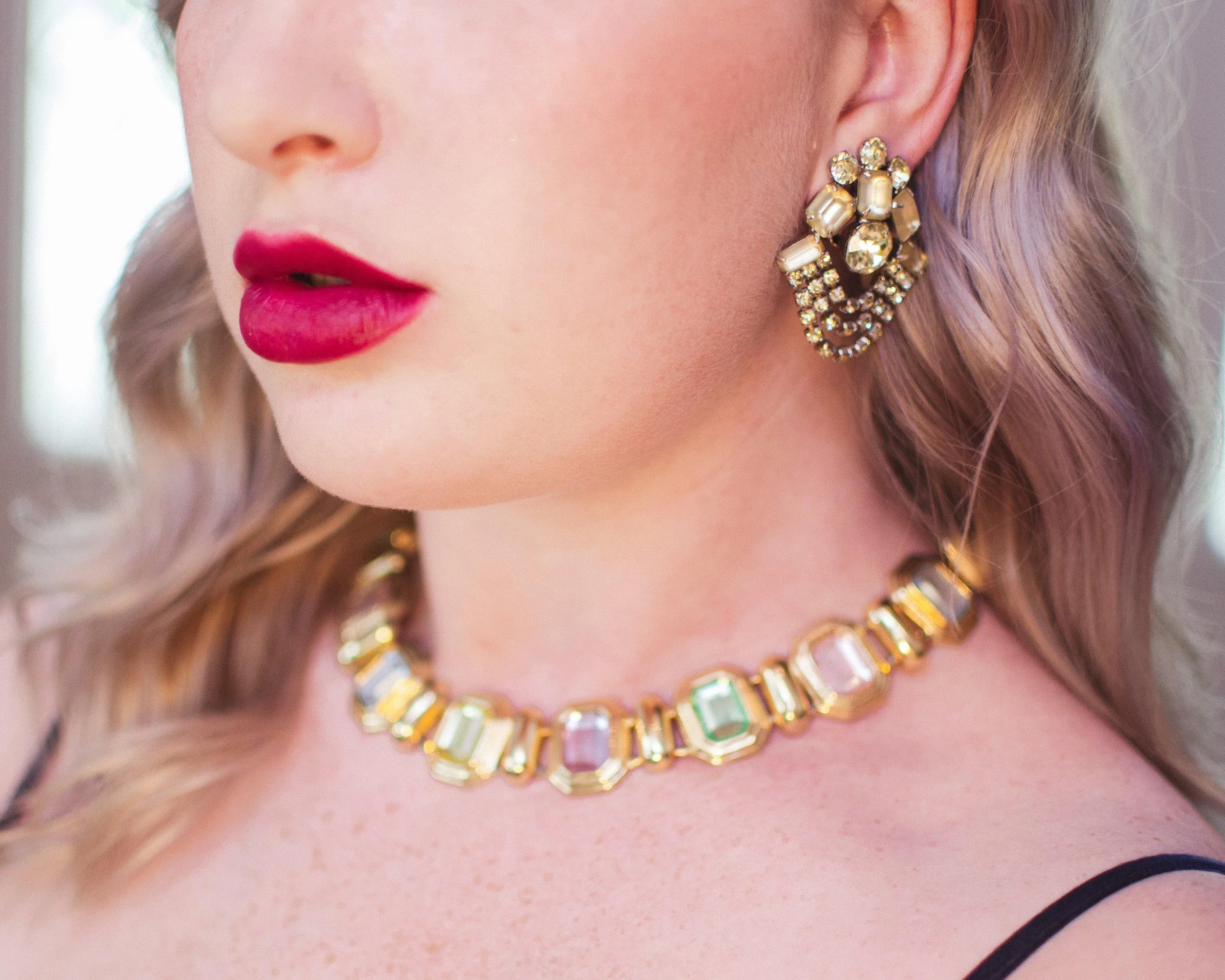 Vintage Pastel Crystal Gold Tone Necklace, Green, Pink, Yellow, and Blue Rhinestones, Slide Lock Clasp