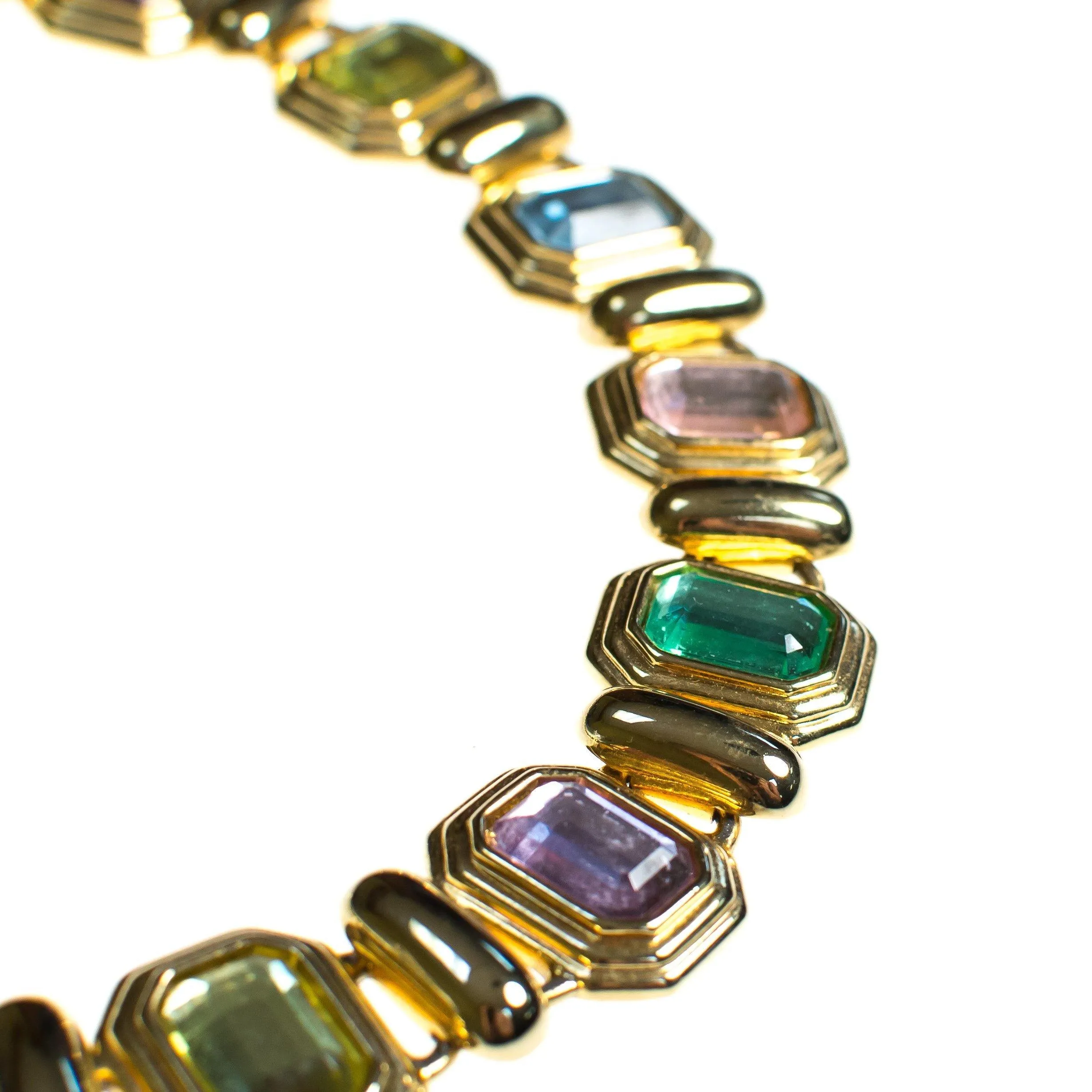 Vintage Pastel Crystal Gold Tone Necklace, Green, Pink, Yellow, and Blue Rhinestones, Slide Lock Clasp