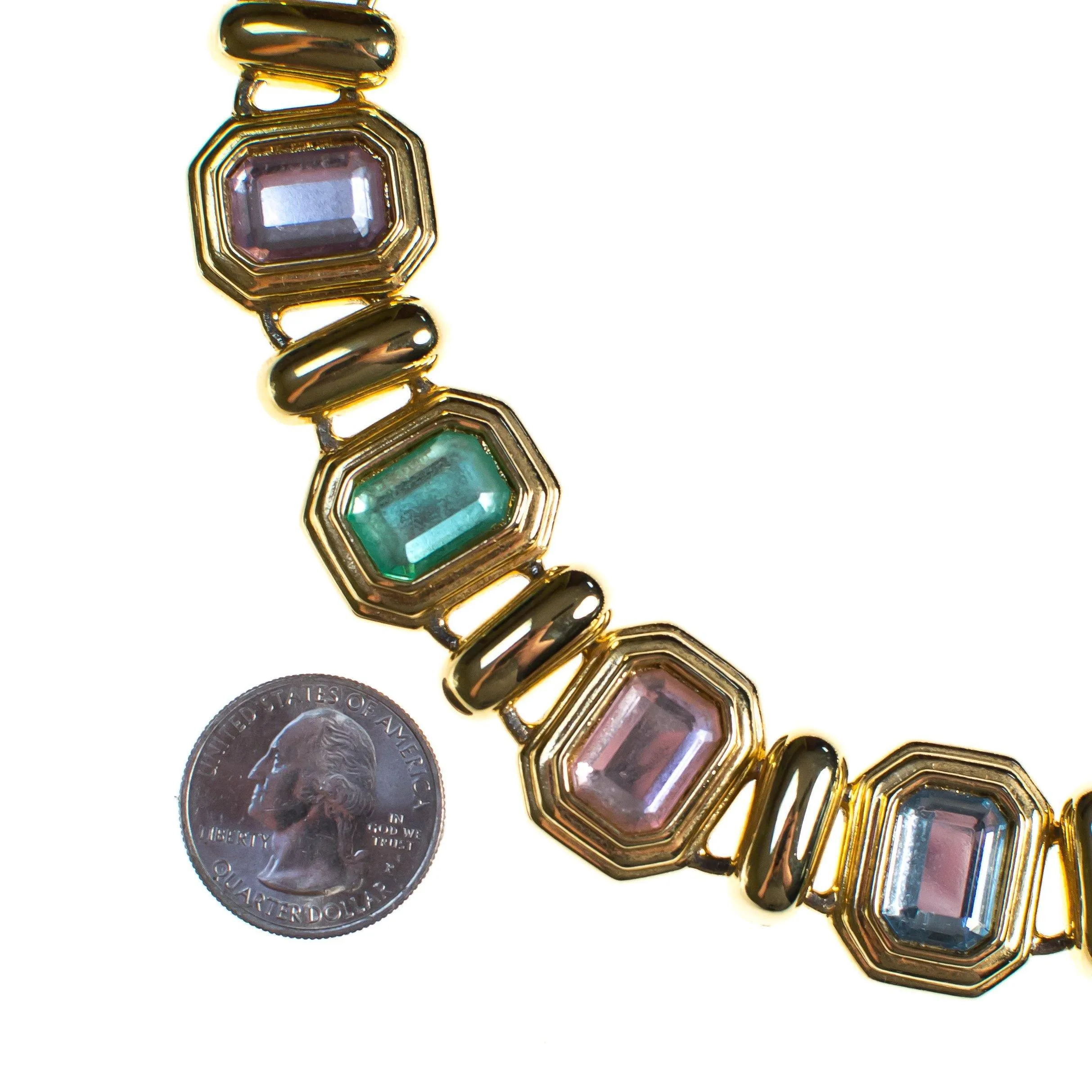 Vintage Pastel Crystal Gold Tone Necklace, Green, Pink, Yellow, and Blue Rhinestones, Slide Lock Clasp