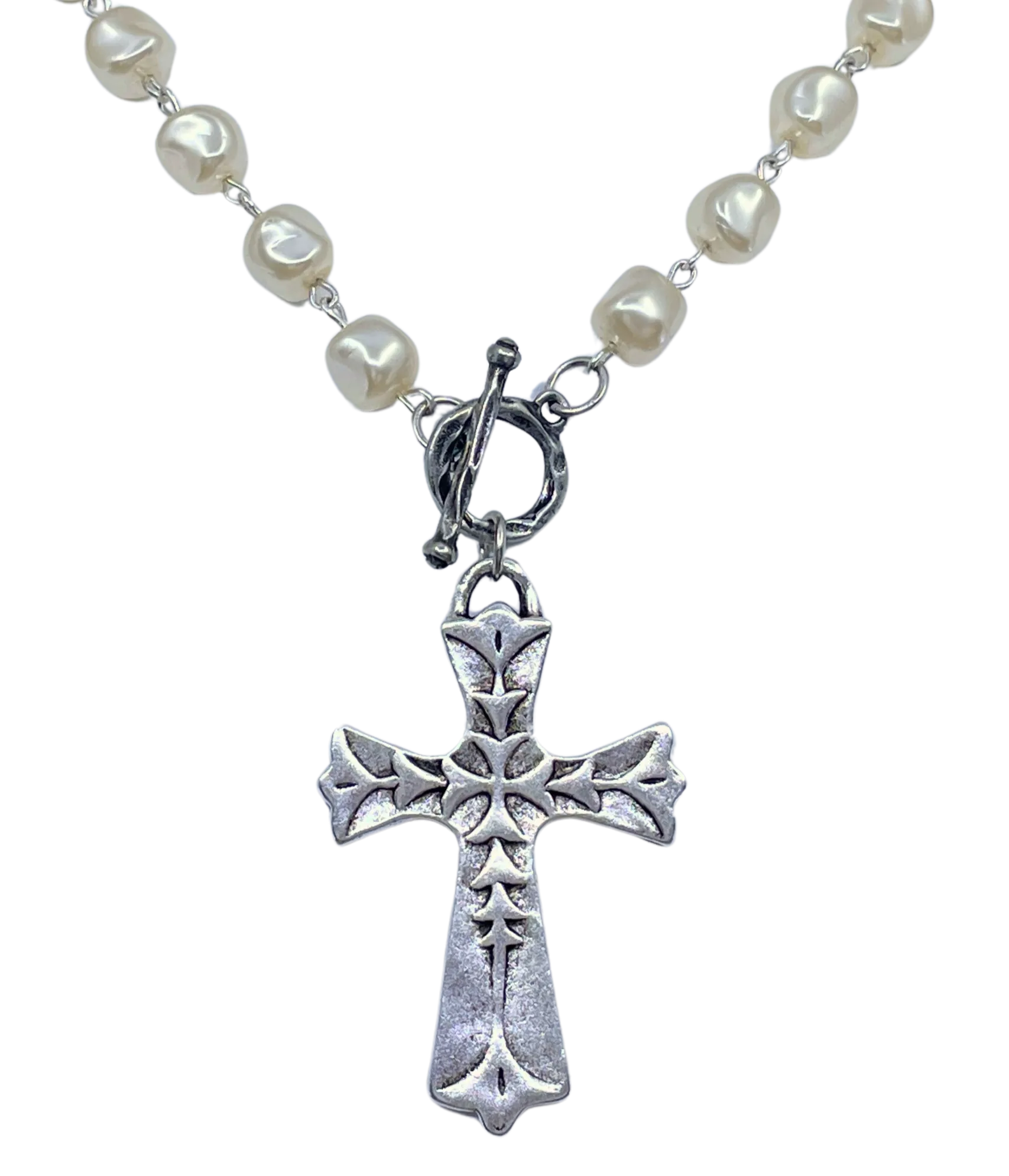 Vintage Pearl Silver Chain and Toggle with Vintage Silver Cross Pendant