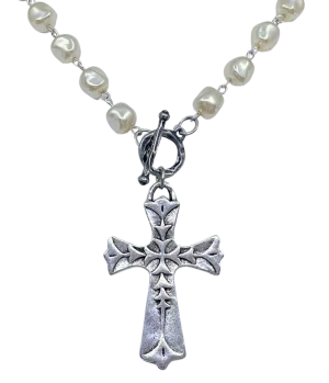Vintage Pearl Silver Chain and Toggle with Vintage Silver Cross Pendant