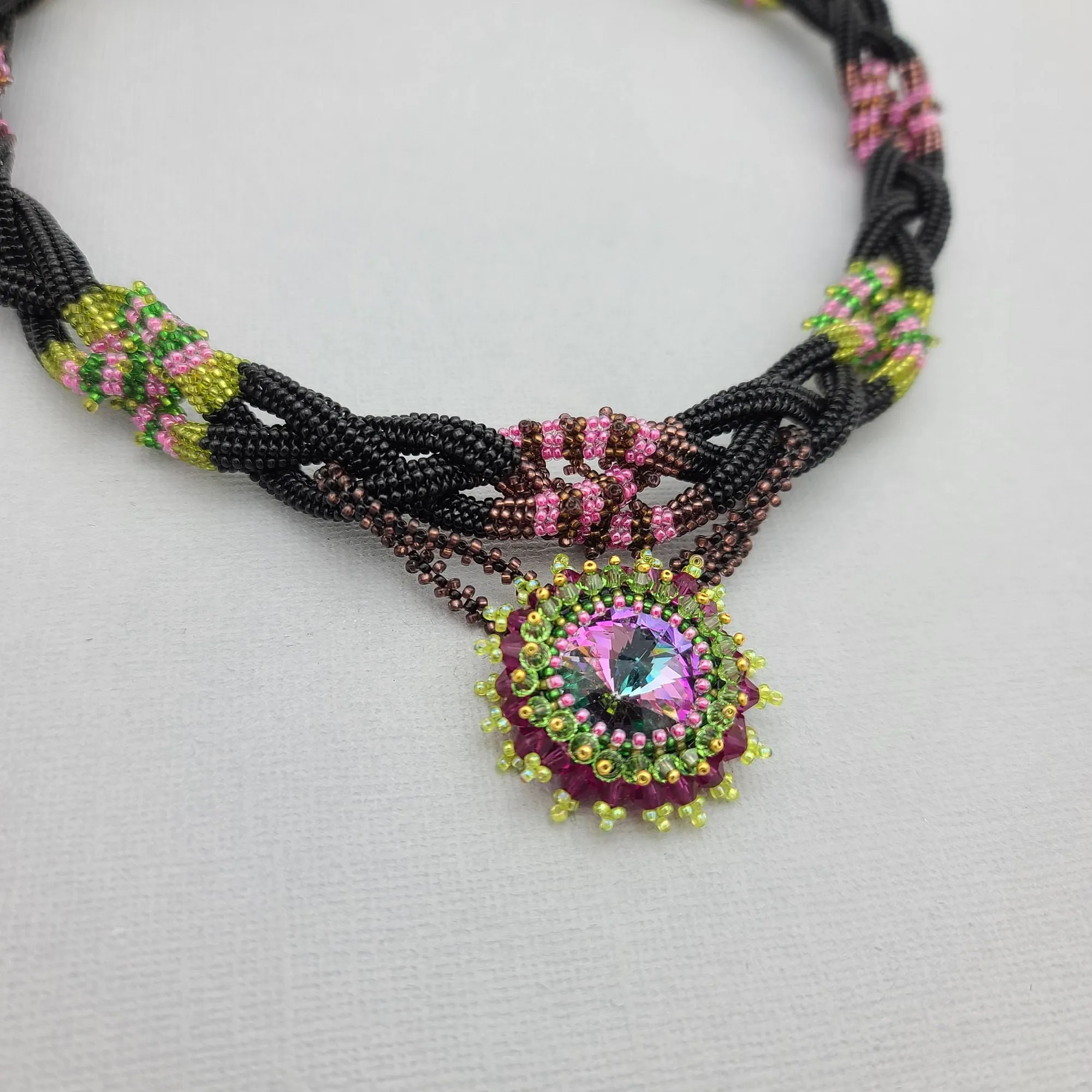 Vitrail Rivoli Swarovski Crystal  Woven Japanese 24K Real Gold Plated Handmade Necklace.