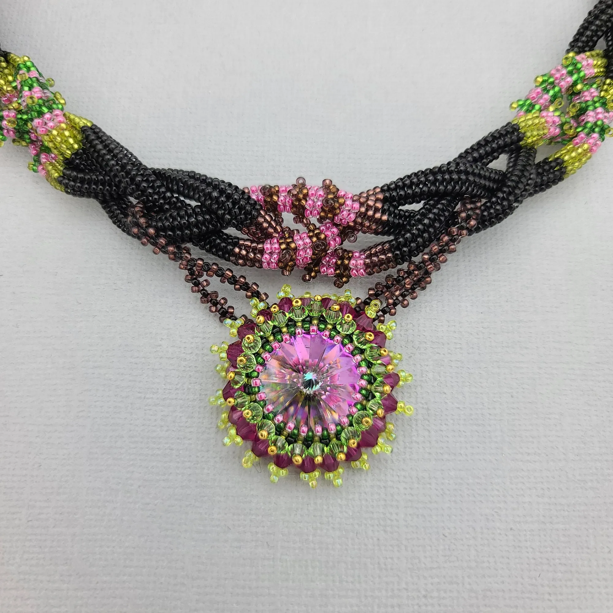 Vitrail Rivoli Swarovski Crystal  Woven Japanese 24K Real Gold Plated Handmade Necklace.