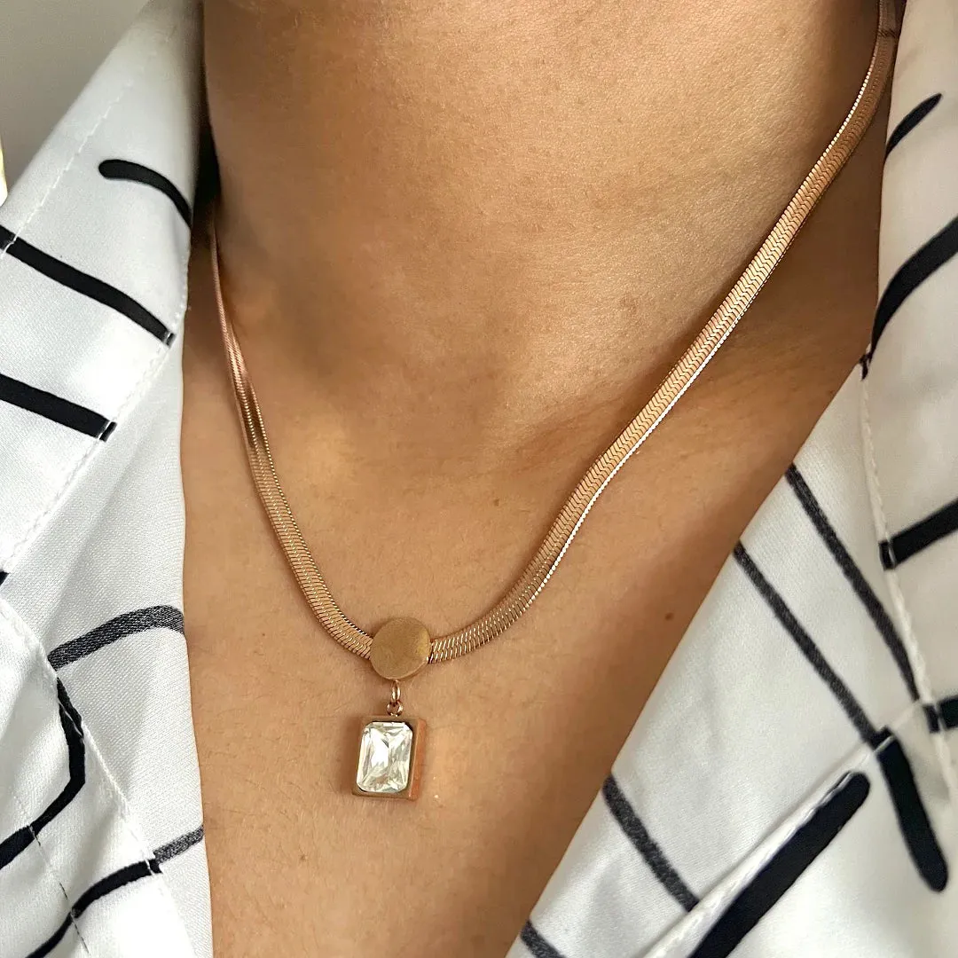 Women's Baguette Cubic Zirconia Necklace: 18K Rose Gold Stainless Steel Snake Chain